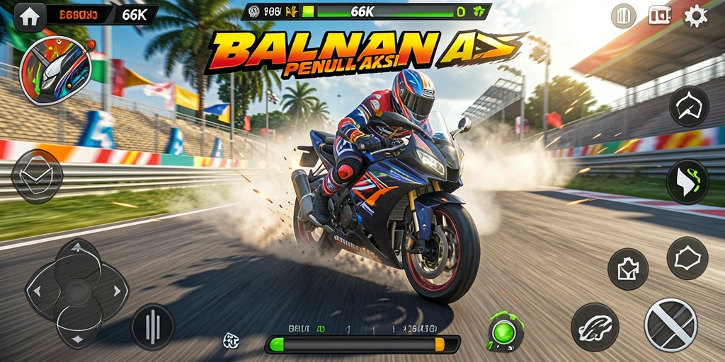 Tangkapan layar <strong>66K</strong> menampilkan aksi balapan motor yang seru.