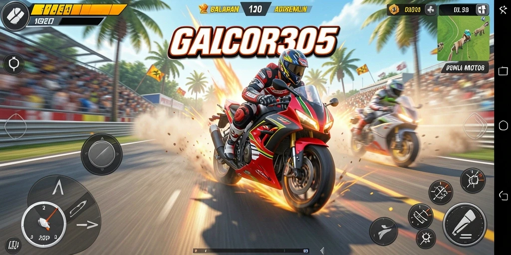 Gameplay seru balapan motor di lintasan yang menantang.