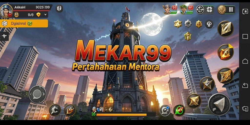 Screenshot gameplay MEKAR99 menunjukkan aksi menara pertahanan yang mendebarkan.
