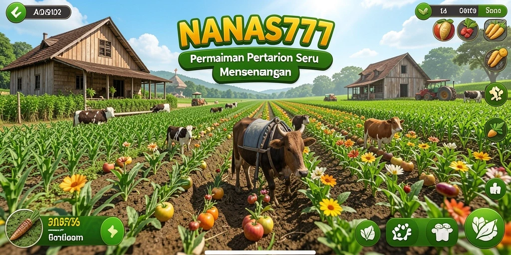 Tangkapan layar gameplay <strong>NANAS777</strong> menunjukkan kebun yang penuh dengan tanaman dan hewan.