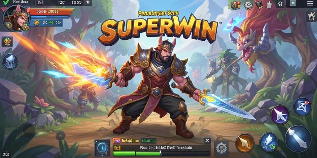 Screenshot gameplay SUPERWIN menampilkan pertempuran seru di dunia MMORPG.