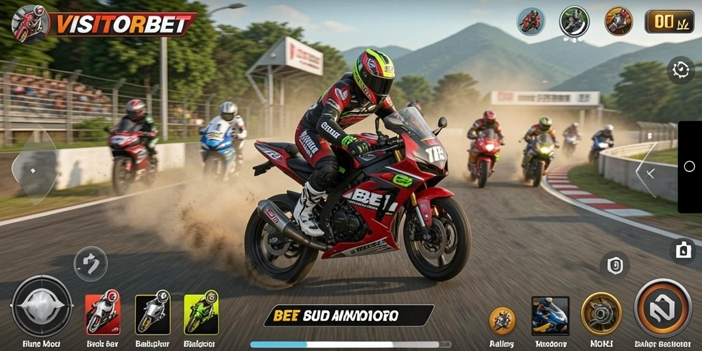 Gameplay seru VISITORBET dengan balapan motor yang mendebarkan.